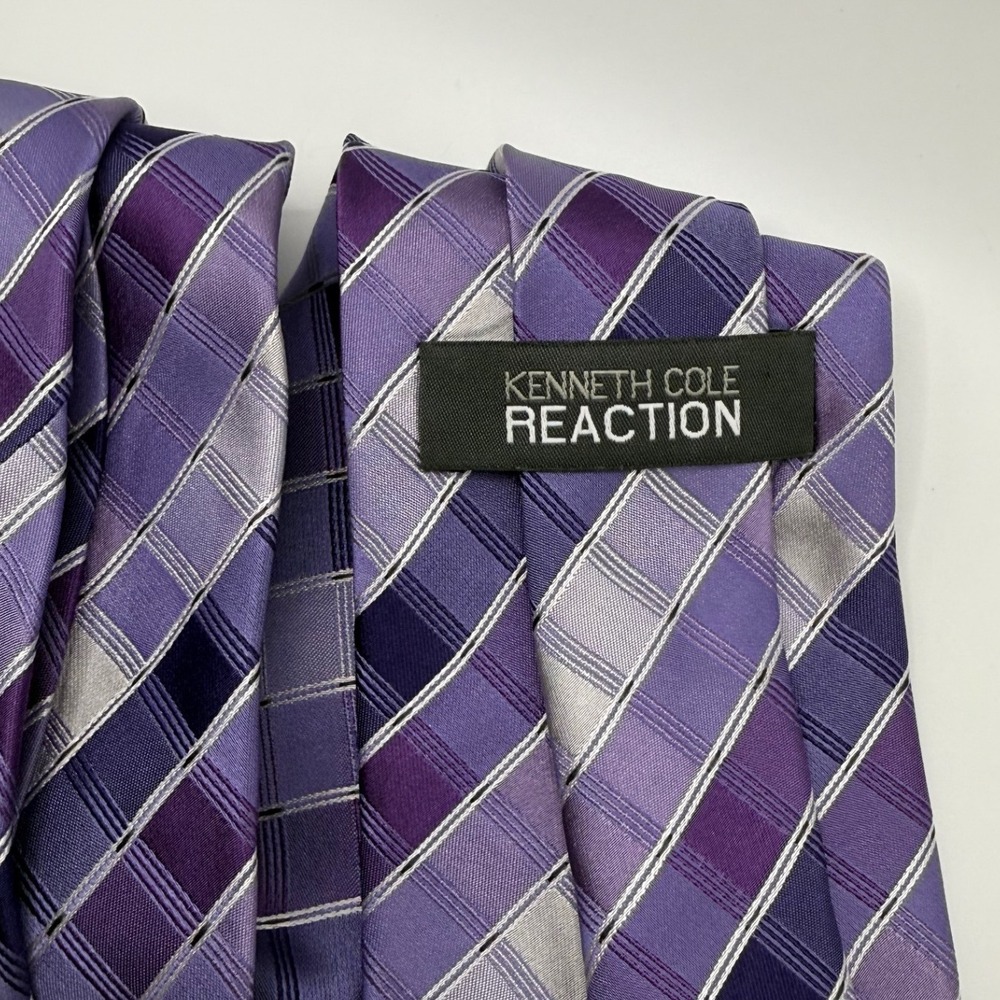 Kenneth Cole Reaction Silk Tie OS Purple Plaid Striped Geometric Business Modern - Picture 5 of 7
